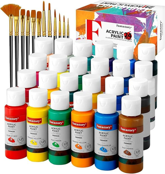Fantastory Acrylic Paint Set, 24 x 60 ml with 12 Brushes; Christmas Acrylic Paint, Waterproof; For Artwork & DIY Projects on Canvas, Wood, Glass, Clay, Fabric, Ceramic, Paper, Canvas