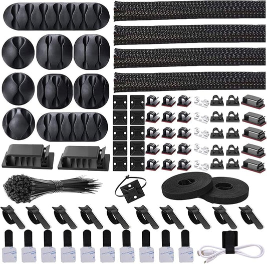 Cord Management Organizer Kit 4 Cable Sleeve split with 41Self Adhesive Cable Clips Holder, 10pcs and 2 Roll Self Adhesive tie and 100 Fastening Cable Ties for TV Office Car Desk Home