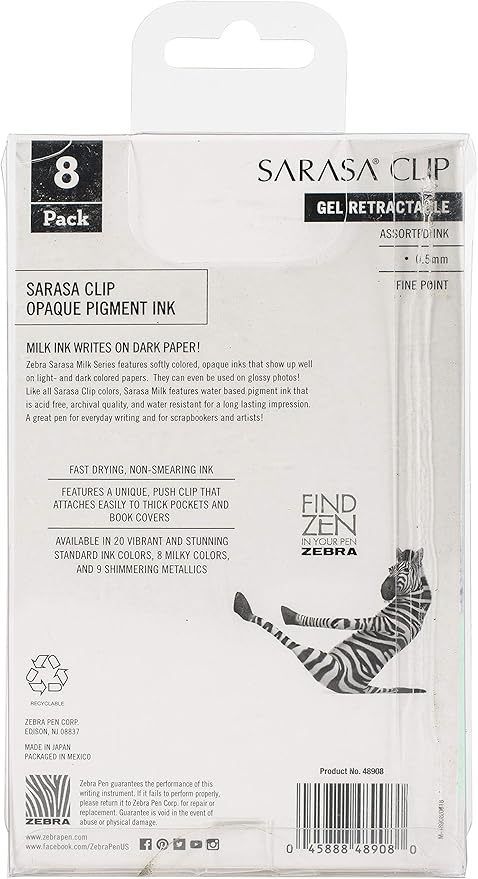 Zebra Pen Sarasa Clip Retractable Gel Pen, 0.5mm Fine Point, Assorted Milk Colors, Ideal for School Supplies and Teacher Supplies, 8-Pack (48908)