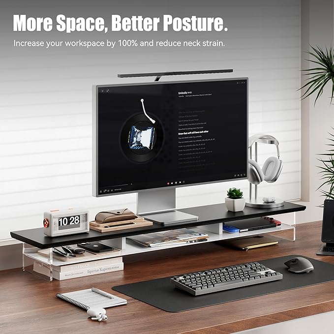 Dual‑Tier Monitor Stand for Modern Desk Setup – Minimalist Wooden and Metal Riser Shelf with Transparent Acrylic Feet for Dual Monitors, Laptops, Home Office Aesthetic，Black and White