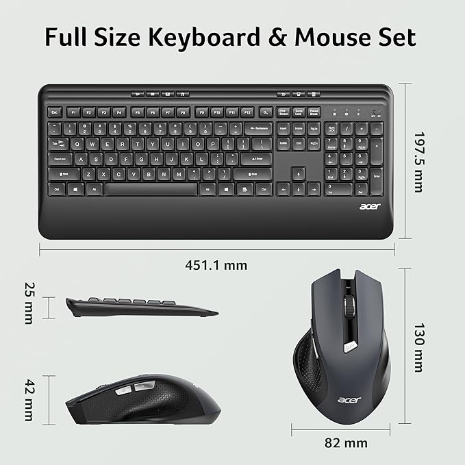 Acer Wireless Keyboard and Mouse Combo, 2.4G Full Sized Erogomic Keyboard Mouse Cordless, Palm & Wrist Rest, Unifying USB Receiver, 7 Multimedia Hotkeys, Sleep Mode, for PC, Laptop, Computer, Windows