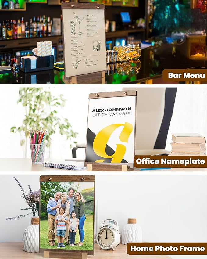 3Pack Acrylic Sign Holders 8.5 x 11 with Walnut Wood Base, Tabletop Clear Commercial Display Stand for Menu, Poster, Flyer, Table Paper Frame for Restaurant/Office/Coffee Shop Store Bar/Wedding/Hotel