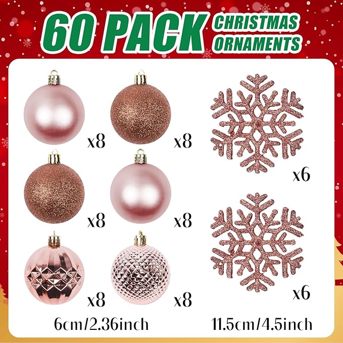 Christmas Tree Decorations Ornament Set, 60ct 2.36 Inches Pink Shatterproof Christmas Ball Ornaments, Hanging Ball for Xmas Holiday Wedding Party Decor