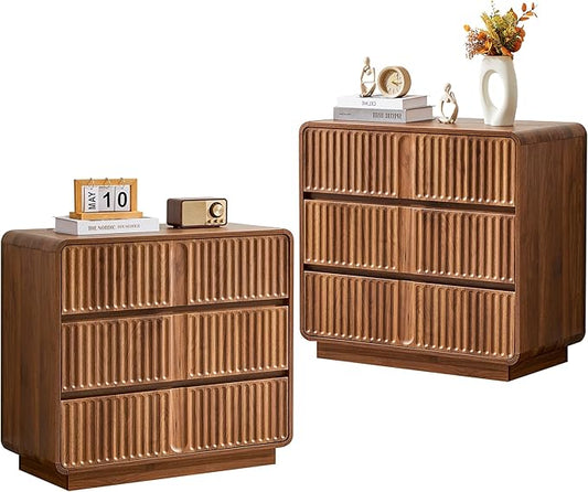 Fluted 3 Drawer Dressers for Bedroom, 31.5" Wide Large Mid Century Modern Nightstand 2 Sets W/3 Storage Drawers , Wood Dresser & Chest of Drawers with Curved Profile for Living Room (Walnut)