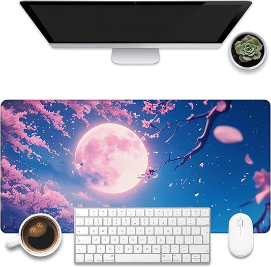 Large Gaming Mouse Pad for Desk, Falling Cherry Blossoms Desk Mat, Bright Full Moon Desk Pad, 31.5"x15.7" Extended Big Computer Keyboard Mouse Pad with Non-Slip Base and Stitched Edge