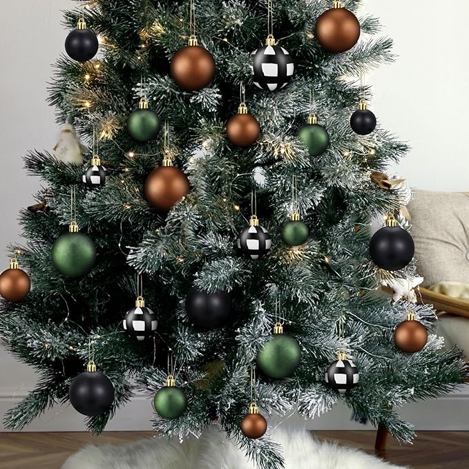 64 Pcs Neutral Christmas Ball Ornaments Bulk Matt Glitter Check Brown Green Black Xmas Bulbs Ornaments 1.6/1.97/2.4 Inch Modern Christmas Decorations for Tree Holiday Indoor Wreath Home Decor