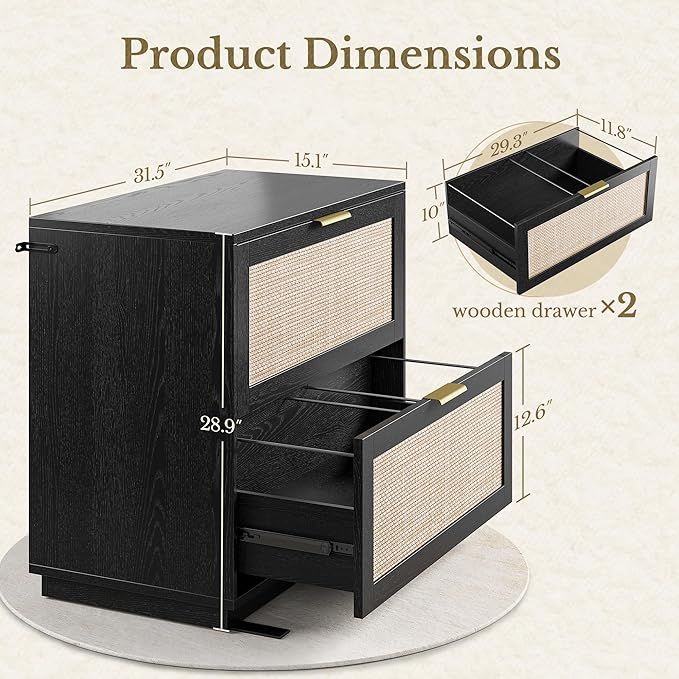 2 Drawer Rattan File Cabinet, 32'' Lateral File Cabinet for Legal/Letter/A4/F4 Size Hanging Files, Wood File Storage for Home Office, Black