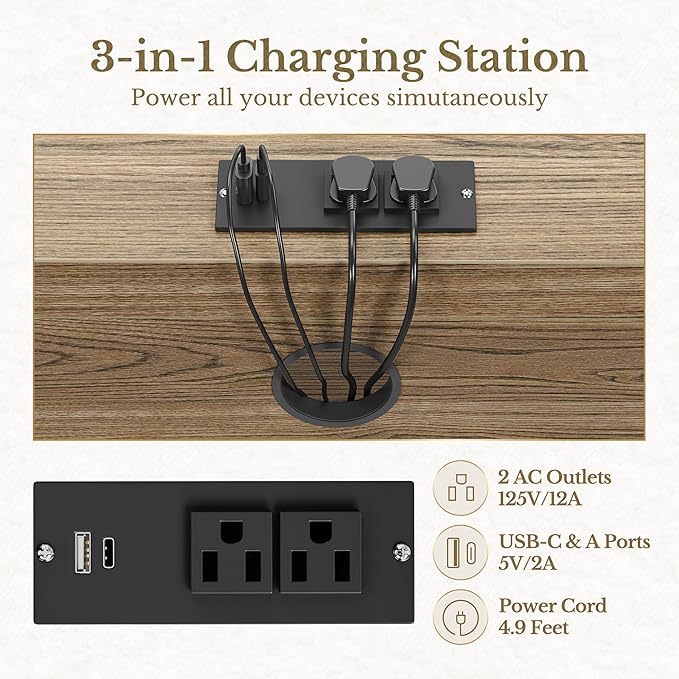 4 Drawer File Cabinet, Fluted Wood Lateral Filing Cabinet with Lock and Charging Station for Home Office, Printer Stand with Open Storage Shelves, Fits A4, Letter Size, Natural Oak