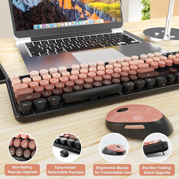Wireless Keyboard and Mouse Combo, Ergonomic Full Size Typewriter Retro Round Keycaps Keyboard, Compatible with Windows, PC, Perfer for Home and Office Keyboards (Aurora Red)