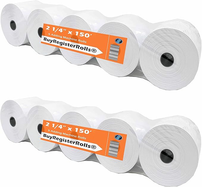 (2 Packs of 5 Rolls) 2 1/4 x 150 ft White Adding Machine Tape Paper (10 Rolls - 50 GSM) Premium One Ply Register/Adding Machine/Calculator Paper Rolls Printing Calculator 10 Key