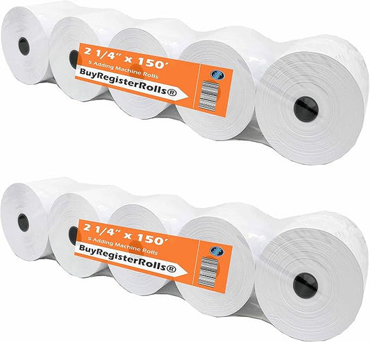 (2 Packs of 5 Rolls) 2 1/4 x 150 ft White Adding Machine Tape Paper (10 Rolls - 50 GSM) Premium One Ply Register/Adding Machine/Calculator Paper Rolls Printing Calculator 10 Key