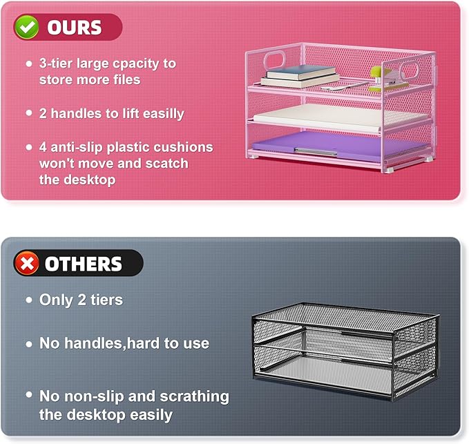 Marbrasse 3 Tier Paper Organizer Letter Tray, Mesh File Organizer with Handle, Paper Sorter Desk Organizer for Home Office Supplies(Pink)