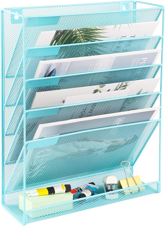 EASEPRES Desk File Organizer Mesh 6-Tier, Hanging Wall Mount Document Organization Stand, Desktop Vertical Mail Paper Folder Holder Rack with Bottom Tray for Office Home Cubicle Countertop, Blue