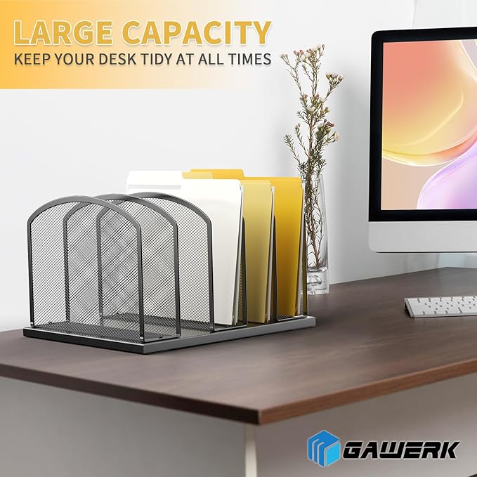 Large Size Desk File Organizer, Metal Mesh Vertical Desktop File Holder, 5-Section file organizer for Desk Home Office (1 Pack), Black
