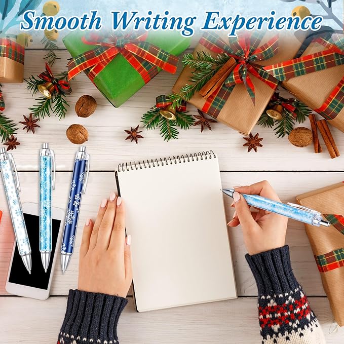 Thenshop 50 Pcs Christmas Pens Bulk Retractable Snowflake Ballpoint Pens Black Ink Winter Xmas Snowflake Pattern Appreciation Christmas Gifts Office Supplies Stationery for Xmas Party Writing