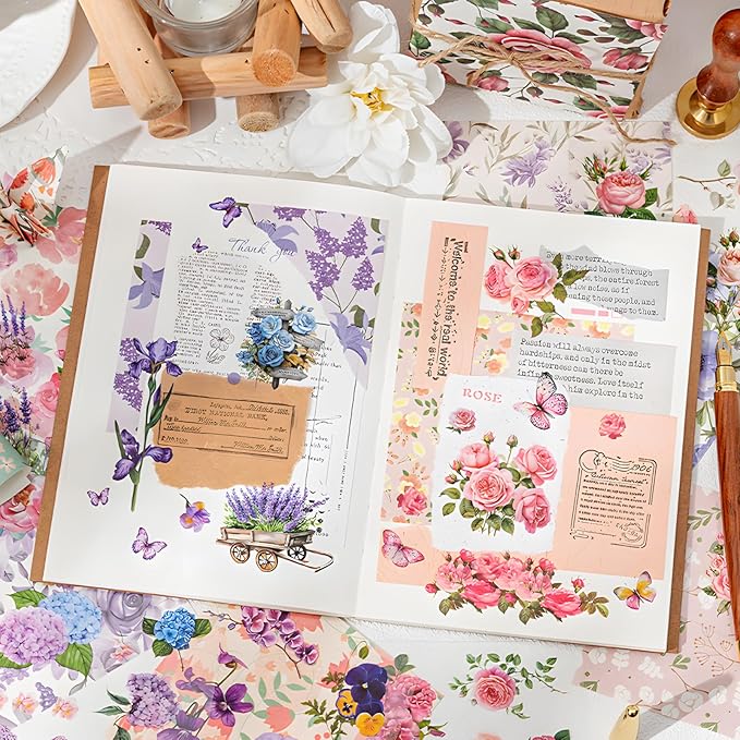 Snycler Scrapbooking Supplies, Vintage Journaling - 25 Sheets PET & 25 Sheets Paper Stickers, DIY Craft Stickers for Junk Journals, Ephemera Sticker Book, Red Flower Themes, Pre-Cut Designs