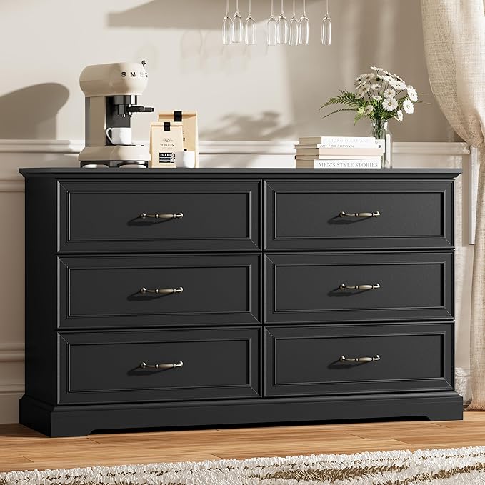 6 Drawer Dresser for Bedroom, 53" Wide Wooden Chest of Drawers, Rustic Farmhouse Dresser with Large Drawers & Metal Handles, Modern Storage Organizer for Closet, Living Room, Hallway, Black