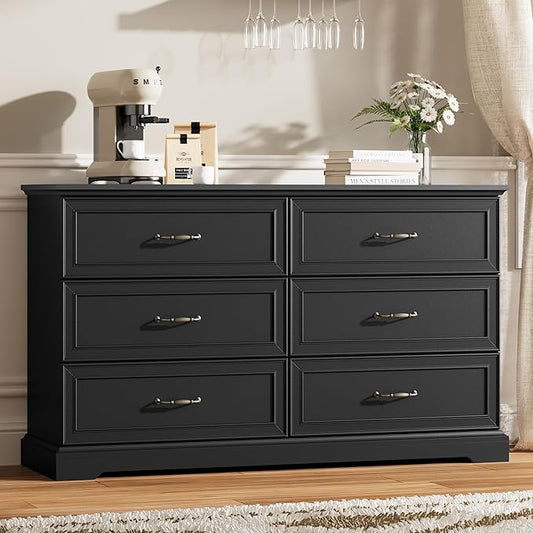 6 Drawer Dresser for Bedroom, 53" Wide Wooden Chest of Drawers, Rustic Farmhouse Dresser with Large Drawers & Metal Handles, Modern Storage Organizer for Closet, Living Room, Hallway, Black