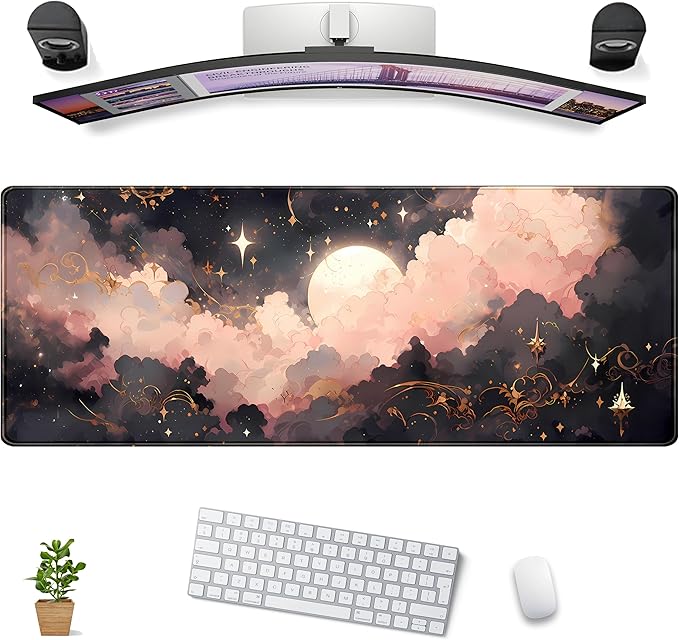 Black Pink Clouds Desk Mat Cute Desk Pad XL Large Extended Mouse Pad Gaming Celestial Mousepad Desk Matt for Desktop, Computer Keyboard and Mouse Mat for Women Office Decor Accessories 31.5x11.8 in