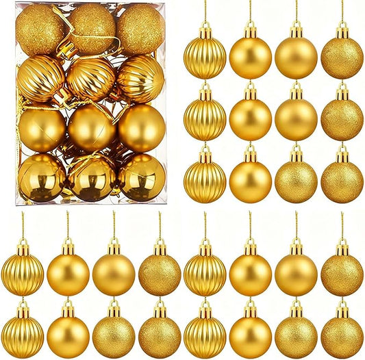 Set of 24 Small Gold Christmas Ornaments Balls for Christmas Tree, 1.2 inch Mini Gold Ornaments for Mini Tree, Tiny Plastic Shatterproof Hanging Bulbs Xmas Valentine Party Indoor Outdoor Decorations