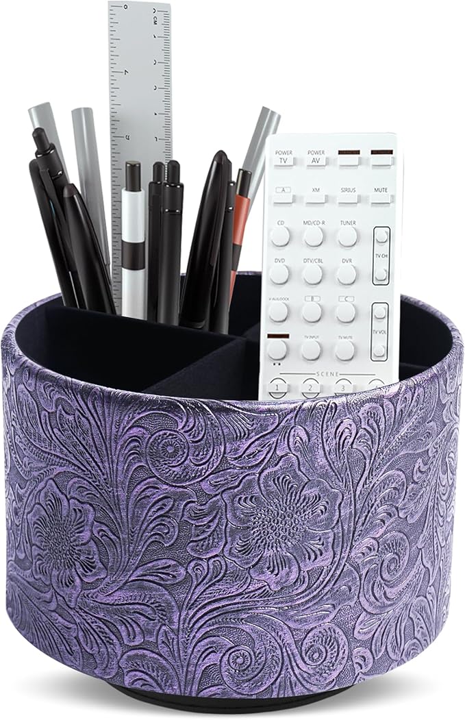 lizimandu Round Leather Art Supply Organizer,Remote Control Holder,360 Degree Spinning,Multi-Functional Pencil Holder,4 Compartments Desktop Stationary Organizer(1-Carved Metal Purple)