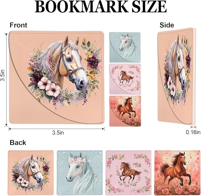 Horse Corner Bookmarks Kids 4 Pcs, Watercolor Flower Leather Book Accessories for Book Lovers, Cute Animal Reading Book Page Markers for Women Men Girls Boys School Student Teacher