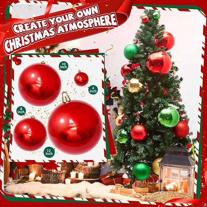 6 Pcs Christmas Ball Ornaments 12 Inch UV Resistant and Waterproof Shatterproof Shiny Plastic Christmas Tree Hanging Ornaments Decoration for Indoor Outdoor Holiday Party(Red)