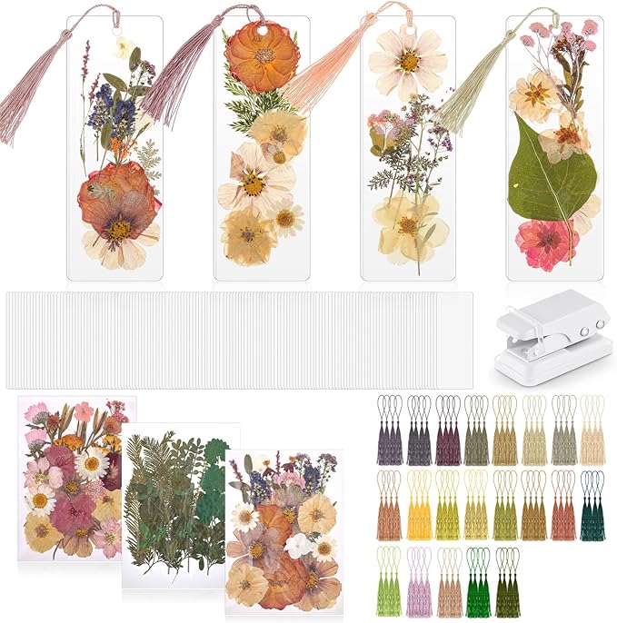 150 Pcs DIY Pressed Dried Flower Bookmark Making Kit, DIY Bookmark Bulk Thanksgiving Teacher Gifts for Reading Women Book Lovers(2 x 6 Inch,Retro Color)