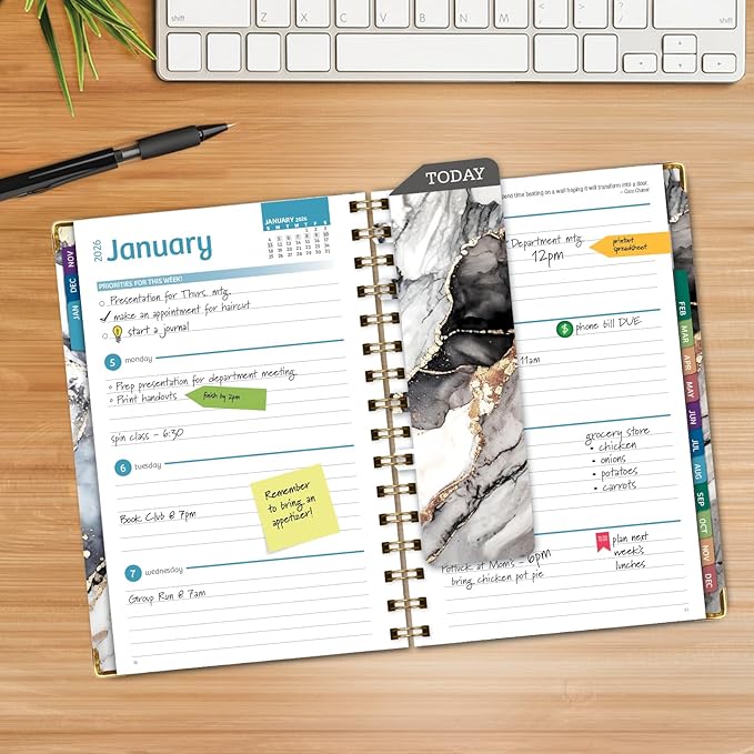 HARDCOVER 2026 Planner, 5.5"x8": 14 Months (November 2025 - December 2026), Daily Weekly Monthly Planner, Yearly Agenda, Bookmark, Pocket Folder and Sticky Note Set (Black Gold Marble)