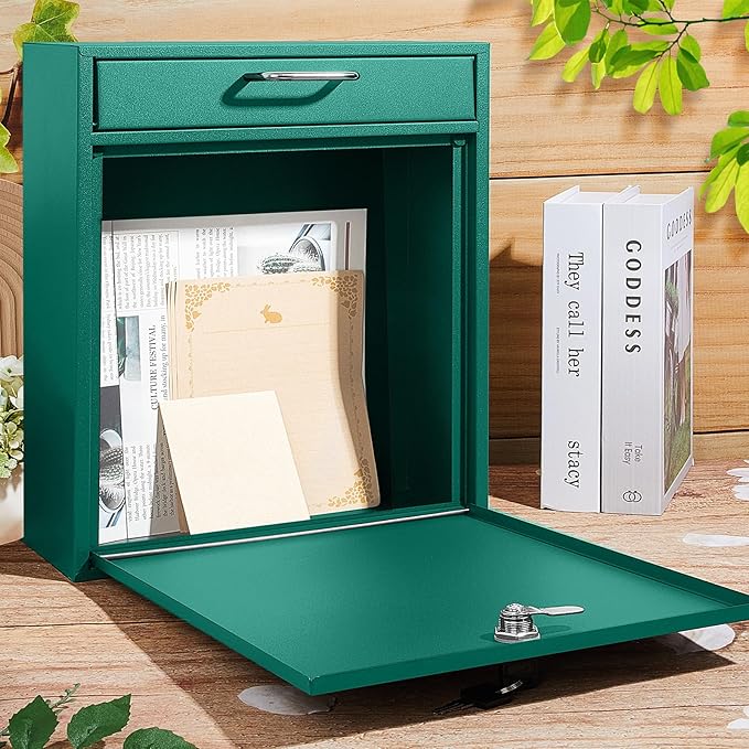 Locking Mailbox with Key for Outdoor 12 x 10.5 x 4.7 Inches Large Wall Mount Mail Box with Lock Security Mail Drop Metal Collection Boxes Hanging Secure Postbox(Green)