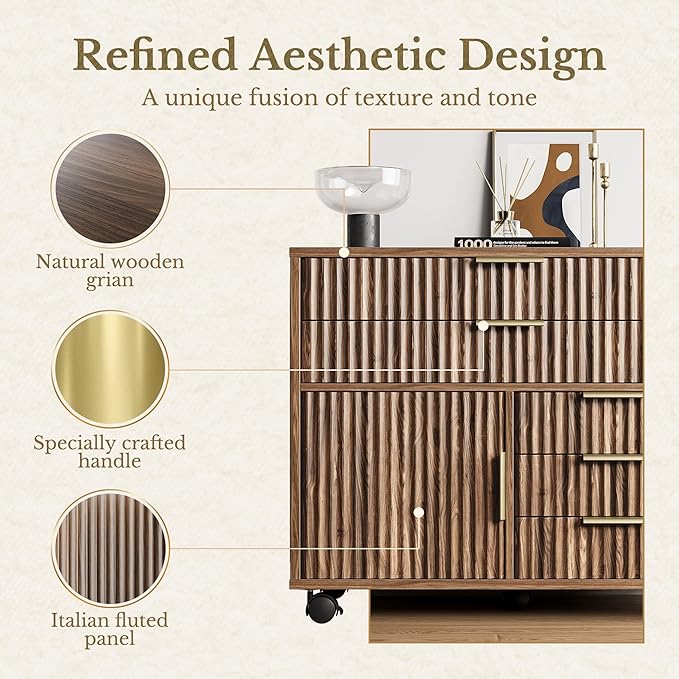 Fluted File Cabinet with 5 Drawers, Large Storage with Cabinet Door, Mobile Filing Cabinet with Locable Wheels for Home Office, Black Walnut