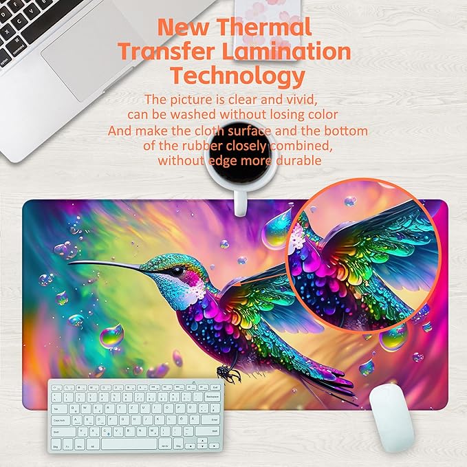 Large Gaming Mouse Pad for Desk, Colorful Hummingbird Desk Mat, Bright Hummingbird Desk Pad, 31.5"x15.7" Extended Big Computer Keyboard Mouse Pad with Non-Slip Base and Stitched Edge