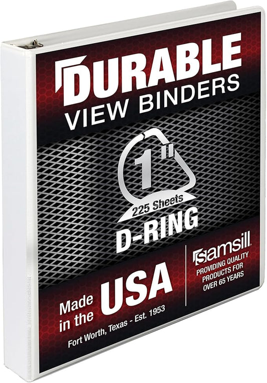 Samsill Durable 1 Inch Binder, Made in The USA, D Ring Binder, Customizable Clear View Cover, Pearl White, Holds 225 Pages