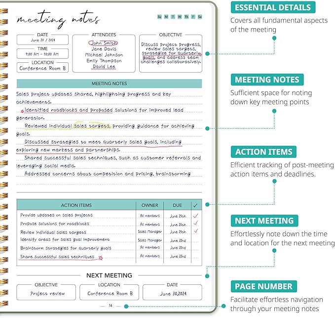 Taja 48 Pack of Meeting Notebook for Work Organization - Work notebook with action items, Meeting Minutes Planner Notebook, Perfect Office Supplies for Men & Women - Multi