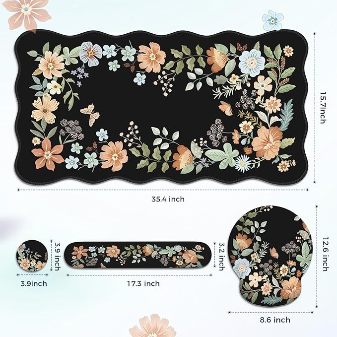 Scalloped Desk Cover Mat, Aesthetic Mousepad with Wrist Rest, Memory Foam Wrist Support for Keyboard, Ultra Smooth Mouse Pad for Office Desk Decor, School Supplies (Black)