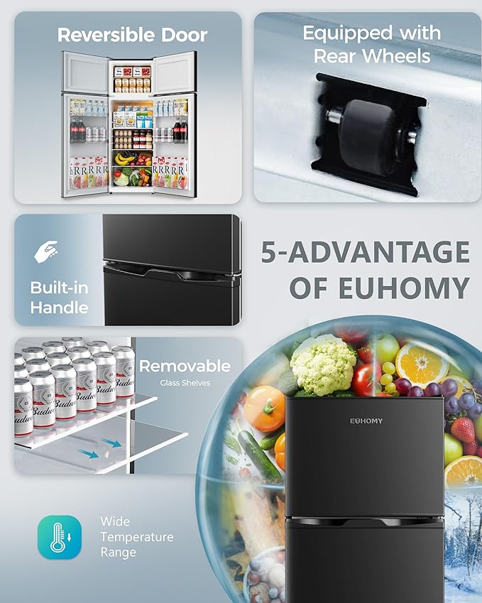 EUHOMY 7.4 Cu.Ft. Refrigerator with Freezer, 2 Door Fridge, Adjustable Thermostat，Large Capacity, Refrigerator for Kitchen/Dorm/Office/Apartment - Food Storage or Cooling drinks, Black