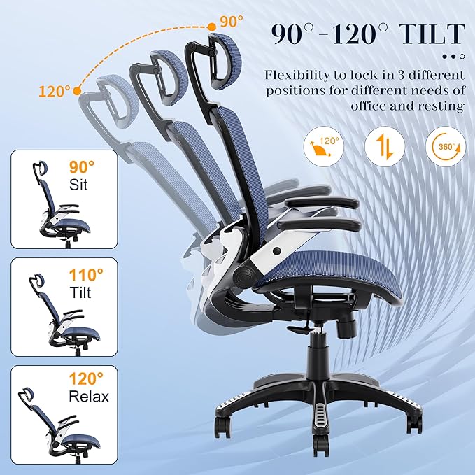 GABRYLLY Ergonomic Office Chair, High Back Mesh Desk Chair with Adjustable Headrest, Flip-Up Arms, 90-120° Tilt Lock, Lumbar Support and Comfy Seat, Swivel Computer Task Chair, Blue