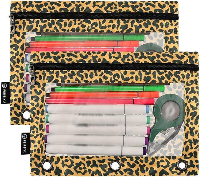 ALAZA Pencil Pouch for 3 Ring Binder, Animal Leopard Print Cheetah Binder Pencil Pouches with Clear Window Zipper Pencil Case Cosmetic Bags for Office College Supplies, 2PCS