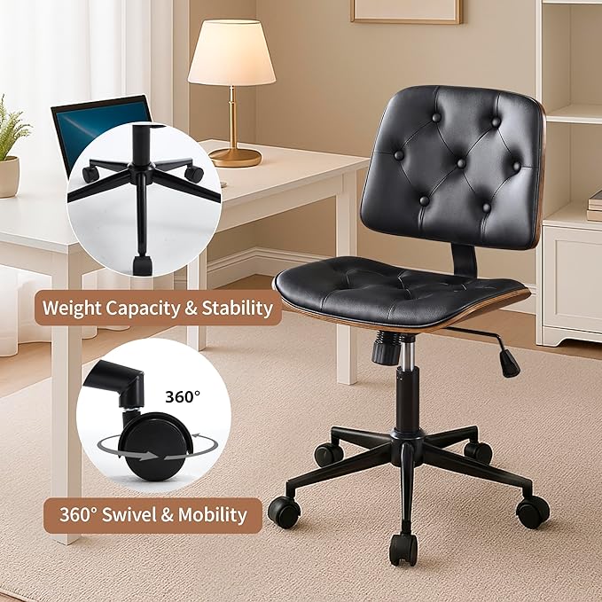 Small Home Office Chair – Armless Mid-Back Desk Chair with PU Leather, Adjustable Height, Swivel Wheels, Modern Walnut Legs for Small Spaces, Black