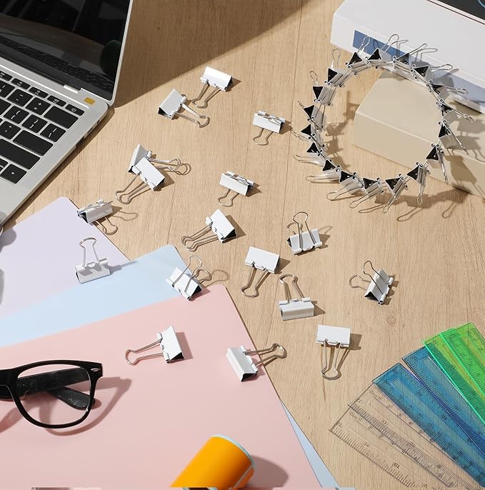 Jetec 100 Pack 1in/25mm White Metal Binder Clips Bulk Medium Reusable Fold Back Binder Clips Paper Clamps Spring Steel Sturdy for Home School Office Supplies