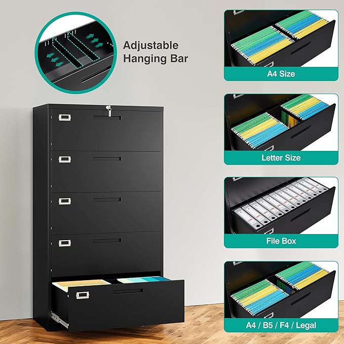 SISESOL 5 Drawer Lateral File Cabinet with Lock,Black Lateral Filing Cabinet,Horizontal Metal Filing Cabinets,Large Locked Wide Five Drawer File Cabinets for Office Home,Fit A4/F4/Letter/Legal File