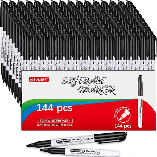 SFAIH Fine Tip Dry Erase Markers - 144 Pack Black Whiteboard Erasable Markers Bulk for Kids Adults, Ideal for Classroom School Office Home Use on White Board, Non-Toxic Easy Clean