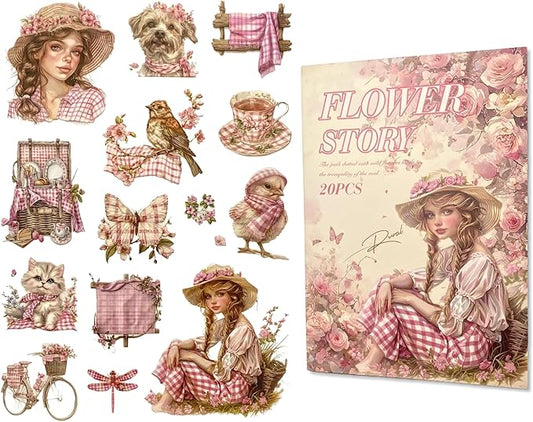 TIAMECH Stories Among Flowers Sticker Book - Girls Travel Series, 20 Sheets PET & Washi Stickers for Scrapbooking, Ephemera, Waterproof Junk Journaling Supplies & DIY Crafts (Size 10.5 x 7.1in)