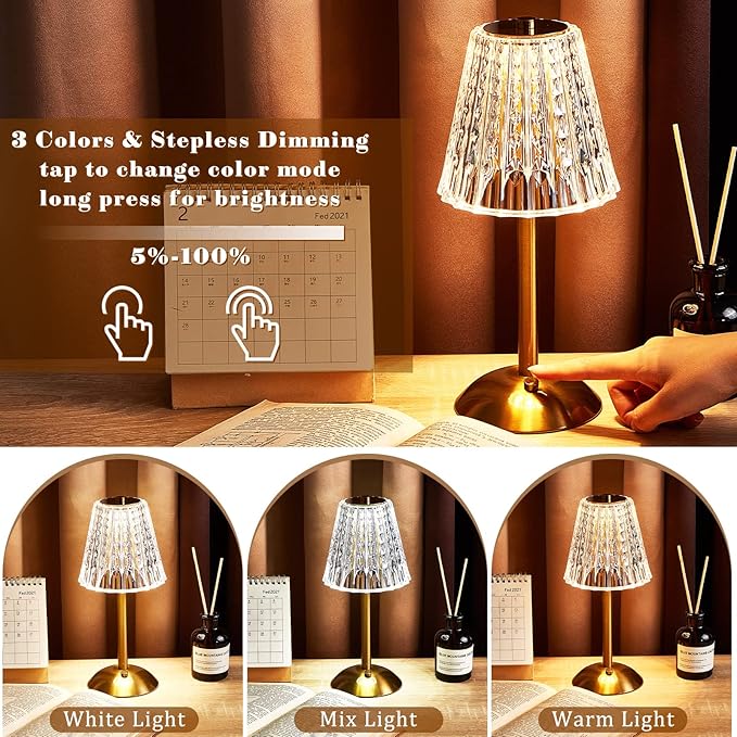Liliful 4 Pcs LED Portable Cordless Table Lamp Touch Battery Operated Rechargeable Gold Desk Lamp 3 Color Dimmable for Bedroom Living Room Dining (Gold,Classic Style)