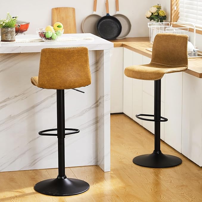 HeuGah Swivel Bar Stools Set of 2, Adjustable Counter Height Barstools with Back, Brown Faux Leather Bar Chairs for Kitchen Island (Whiskey Brown, Set of 2 (24'' to 32''))
