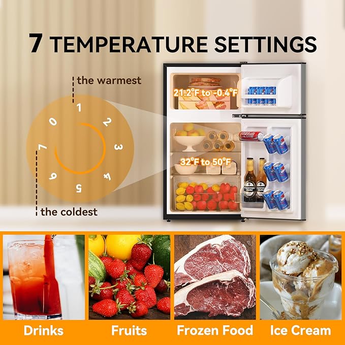 Frestec Mini Fridge with Freezer 3.2 Cu.Ft. 2 Door Refrigerator and Freezer Small Fridge for Bedroom Home Office Dorm, Small Drink Chiller, 37 dB Low Noise, Stainless Steel