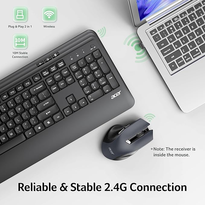 Acer Wireless Keyboard and Mouse Combo, 2.4G Full Sized Erogomic Keyboard Mouse Cordless, Palm & Wrist Rest, Unifying USB Receiver, 7 Multimedia Hotkeys, Sleep Mode, for PC, Laptop, Computer, Windows