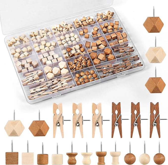 200Pcs Wood Push Pins 7 Types and 2 Colors Wood Tacks Cute Push Pin Thumb Tacks for Decorative Wooden Push Pins for Cork Board Cute Pushpins for Bulletin Board Prayer Board Supplies for Women
