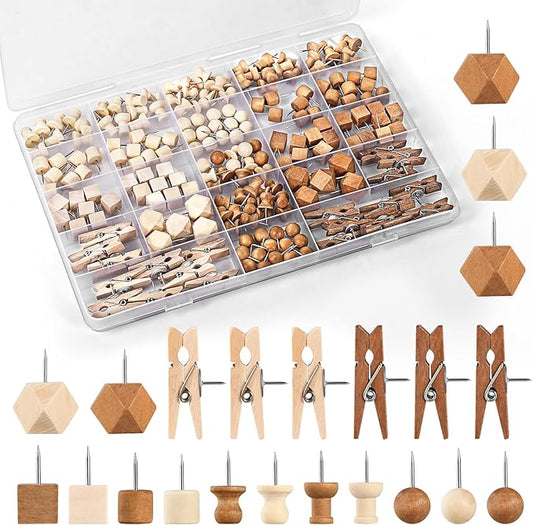 200Pcs Wood Push Pins 7 Types and 2 Colors Wood Tacks Cute Push Pin Thumb Tacks for Decorative Wooden Push Pins for Cork Board Cute Pushpins for Bulletin Board Prayer Board Supplies for Women
