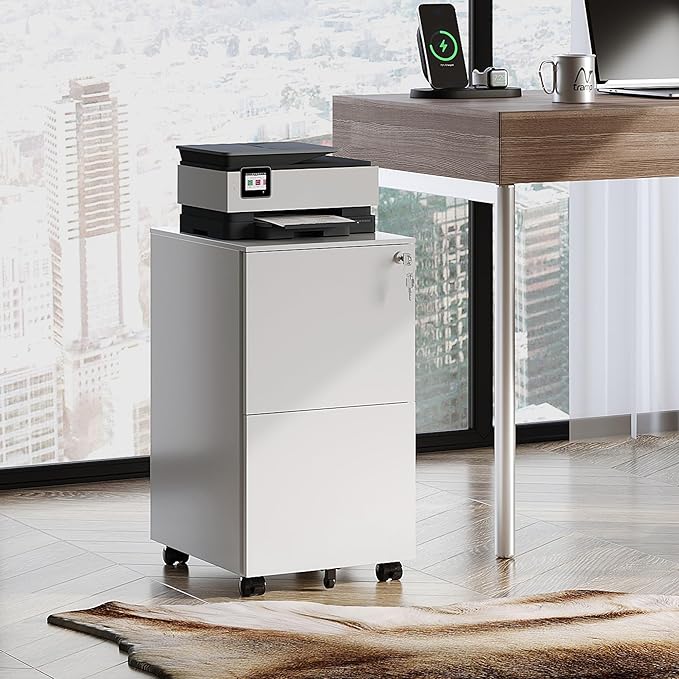 DEVAISE 2-Drawer Rolling File Cabinet with Lock, Metal Filing Cabinet for Home Office, Fully Assembled Under Desk, White, 17" D x 15" W x 27" H